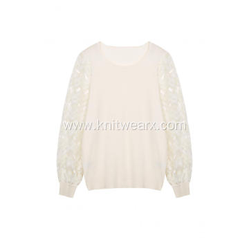 Women's Knitted Sequin Lacework Crew-Neck Pullover